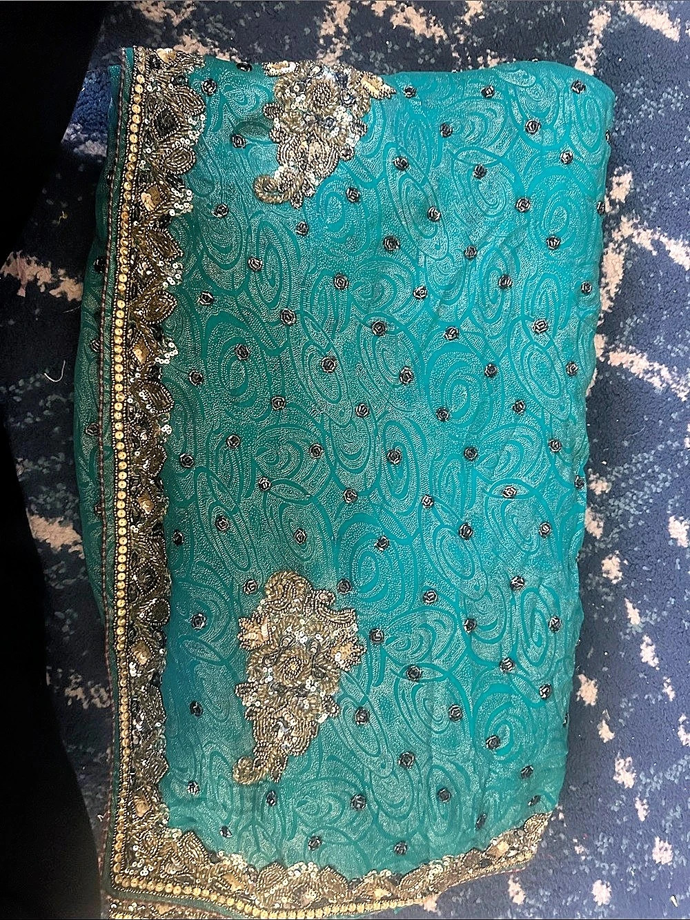 Embellished Paisley Saree in Blue & Green